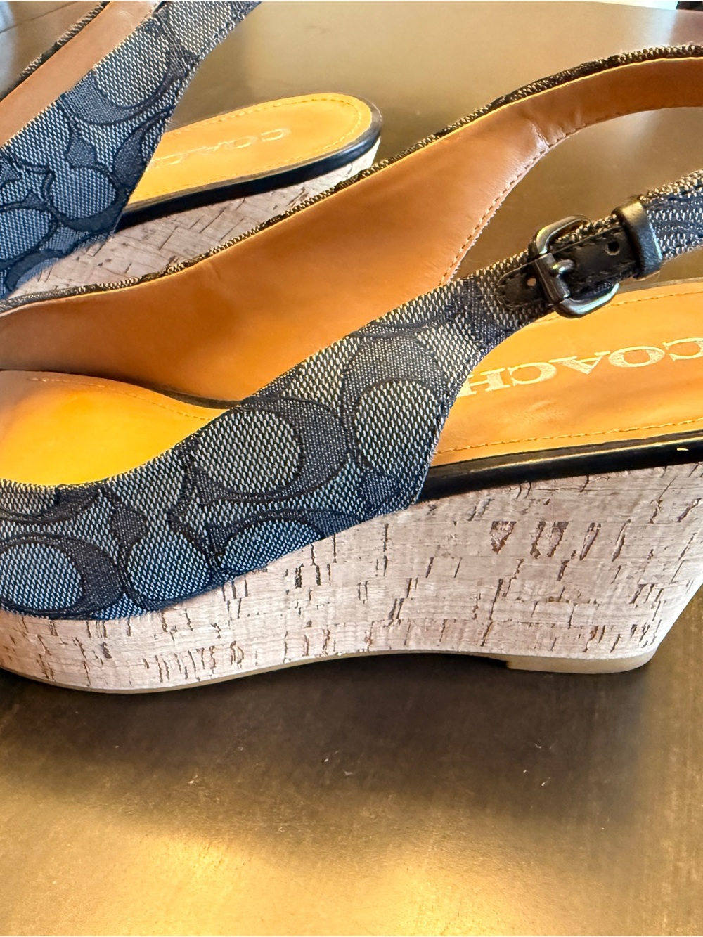 Coach Black Signature Peep-Toe Cork Wedge Sandals - Picture 4 of 6